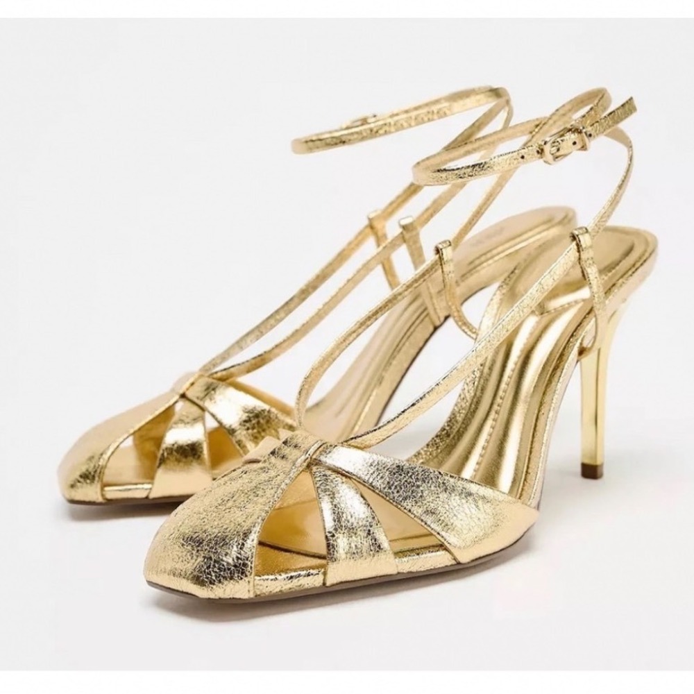 Zara metallic cover front strappy sandals heels gold High Heel 37 6.5 Square Toe - Picture 1 of 10
